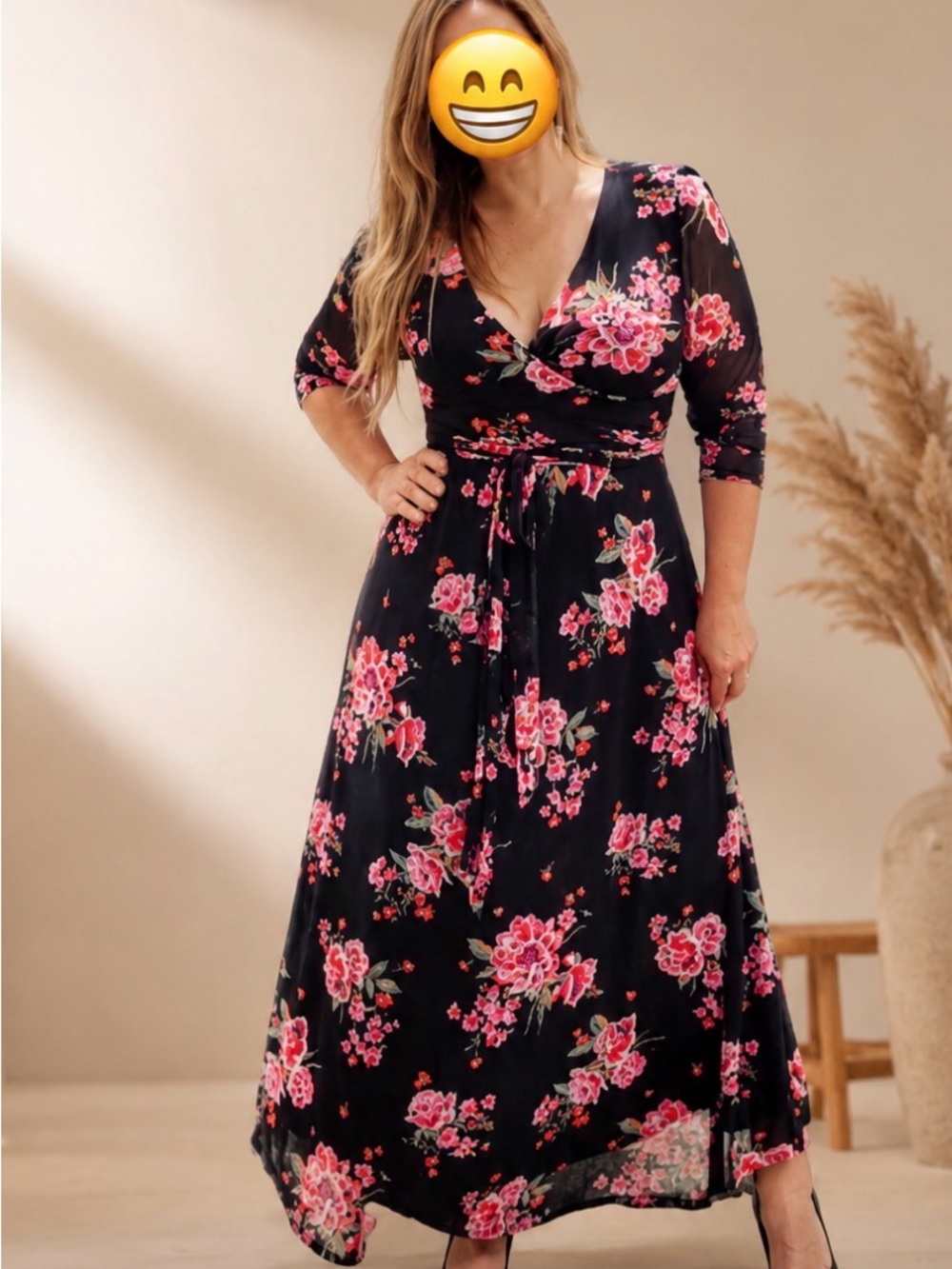 Black Floral Wrap Maxi Dress with Pink Blooms